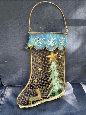Gold and Teal Metal Christmas Stocking Wall Hanging - Unbranded